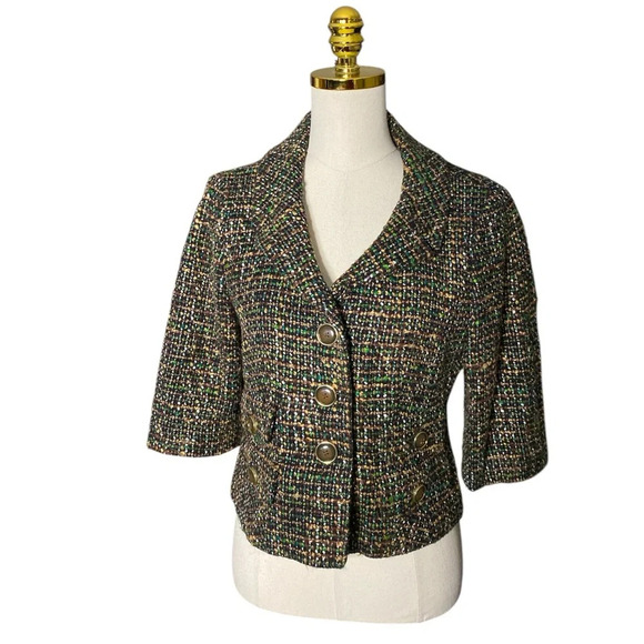ANN TAYLOR LOFT | Women’s Wool Blend Cropped Tweed Blazer Green Brown Size 8 - Picture 4 of 11